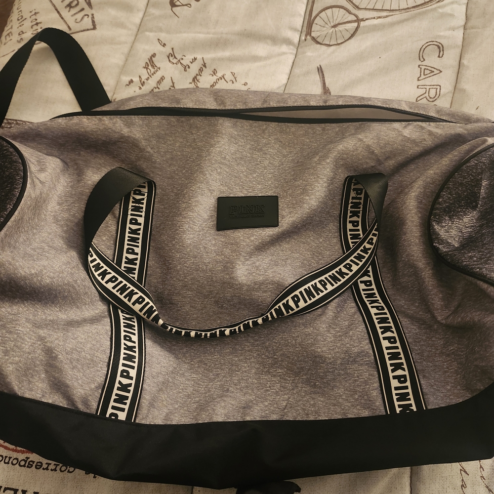 Pink Logo Gray and Black Duffel Bag